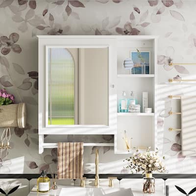 29 in. W x 28 in. H Rectangular Wood Medicine Cabinet with Mirror and Towel Rack