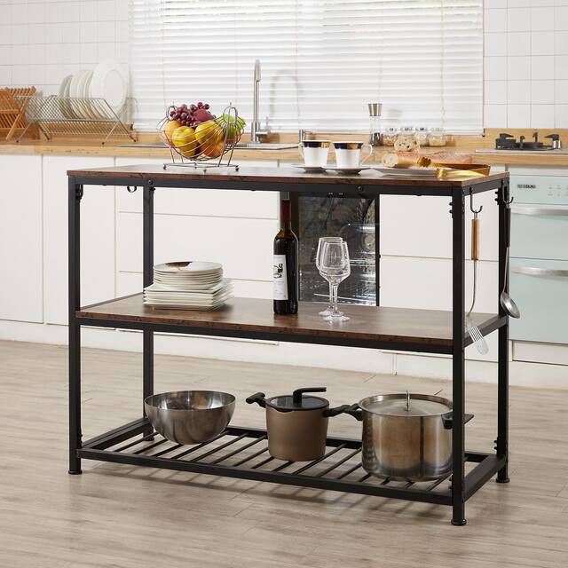 Multifunction Kitchen Island with Undershelves and Side Hooks