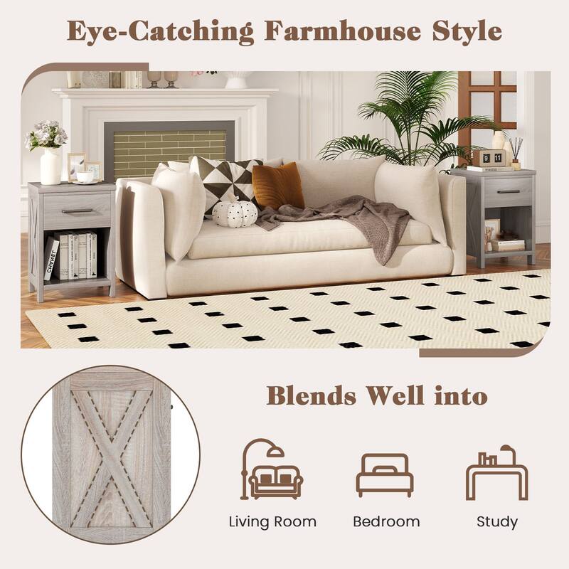 Gymax 2PCS Nightstand Sofa Side Table Rustic End Table w/Drawer Shelf
