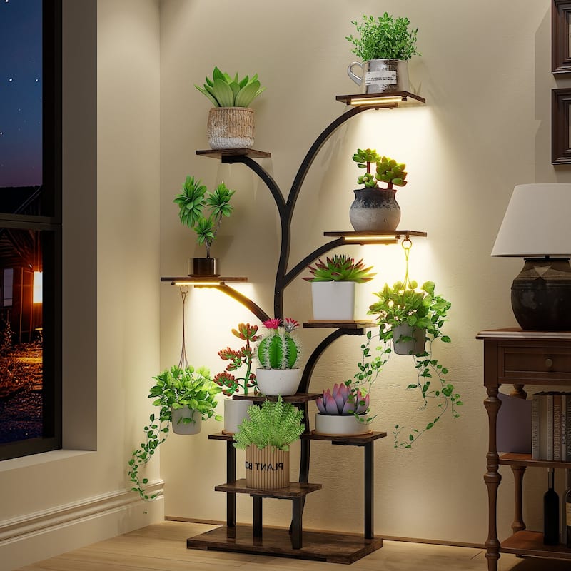 VECELO Indoor Plant Stand with Grow Lights 4 Styles 6/7/9 Shelves Adjustable Timer & Brightness Decorative Rack for Living Room - 04style