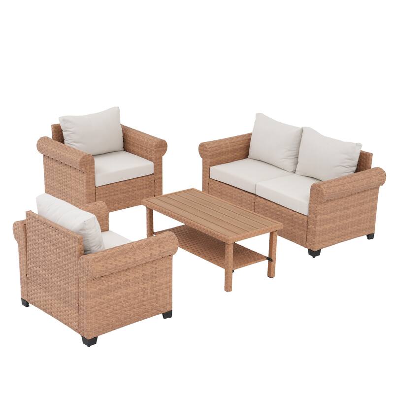 Outdoor PE Rattan Sofa and Coffee Table Set of 4