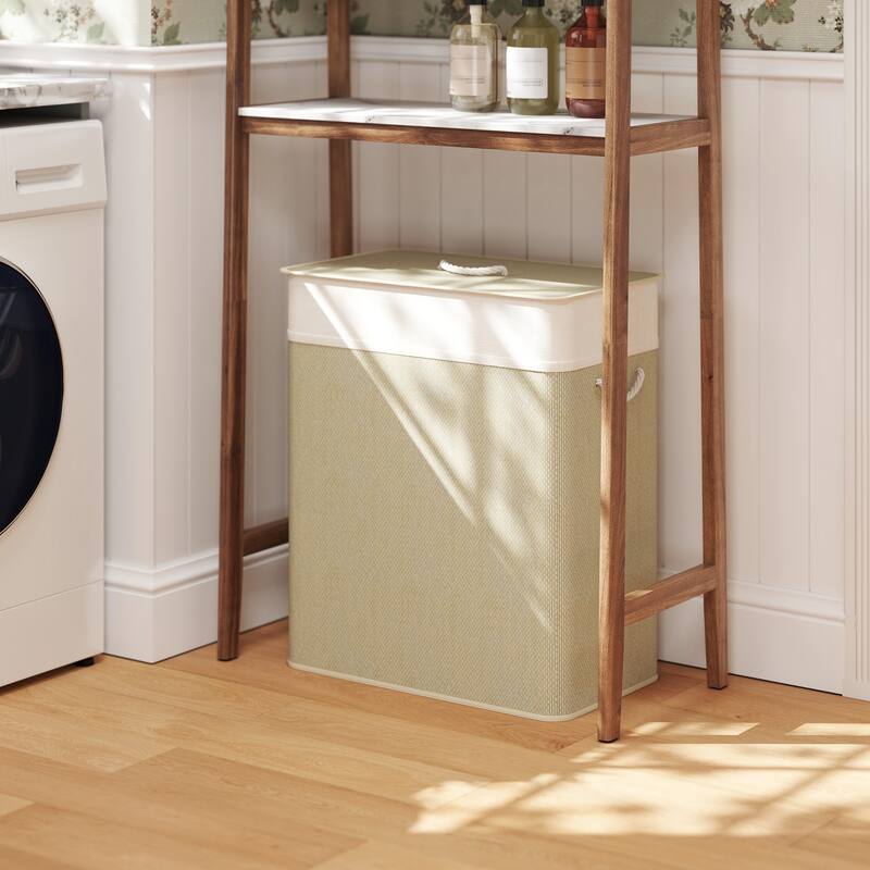 HOMCOM Double Laundry Basket with Lid, 26.4 Gallon Bamboo Laundry Hamper with Rope Handles, Clothes Hamper with Removable Liner - White