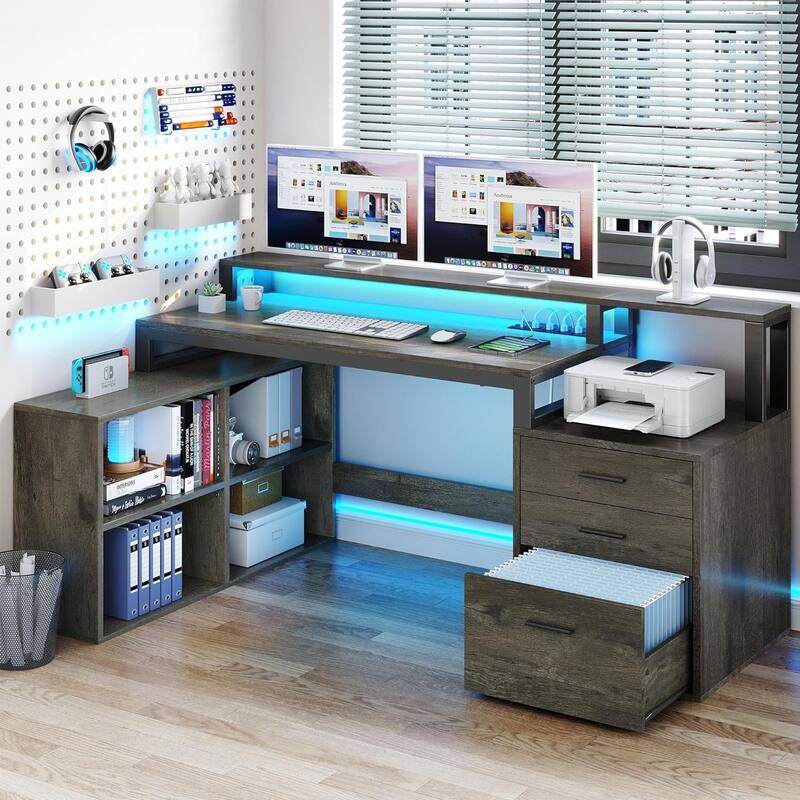 Moasis L Shaped Office Home LED Computer Gaming Desk with Drawers and Storage Shelves