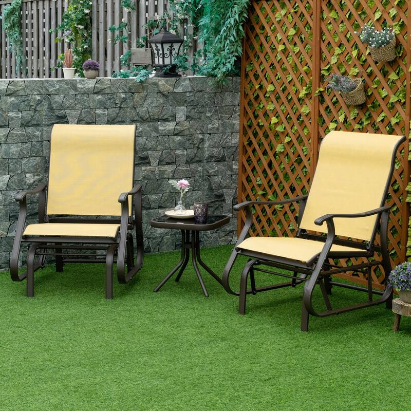 3-Piece Patio Glider Chair Set with Tempered Glass Side Table, Steel Frame Outdoor Rocking Chairs with Mesh Fabric for Porch