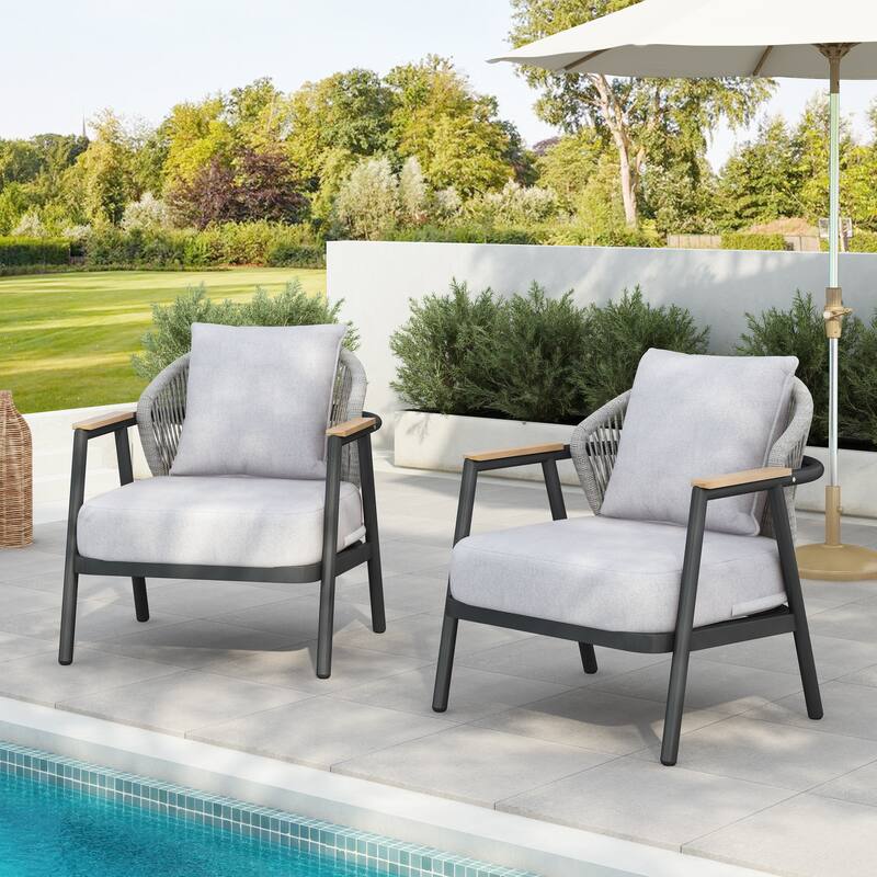 Roomfitters Orla Outdoor Rope Club Chairs with Plastic Wood Armrests and Cushions, Grey Finish