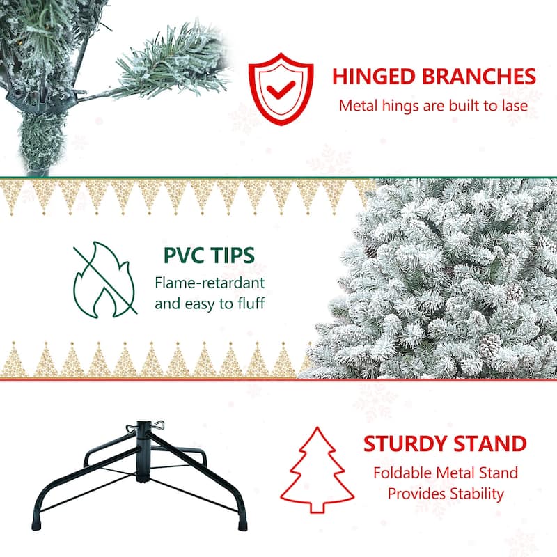4FT Flocked Christmas Tree with Pine Cones-Snowy PVC Artificial Tree, 366 Branch Tips, 21 Natural Pinecones, Sturdy Metal Stand