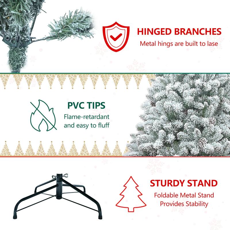 Flocked Artificial Christmas Tree - Snowy PVC Branches, Pine Cones, Metal Stand, Full Shape - Green,White