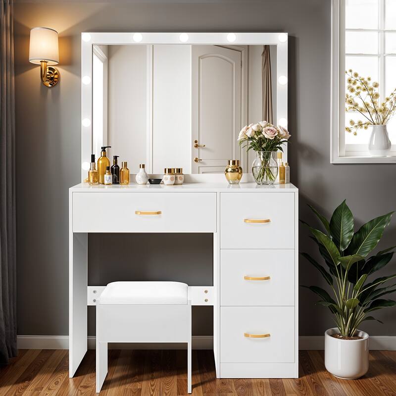 Moasis 35.4" Mirror Makeup Vanity Table with Stool and Light Bulb - 35.4''L x 15.7''W x 53.5''H