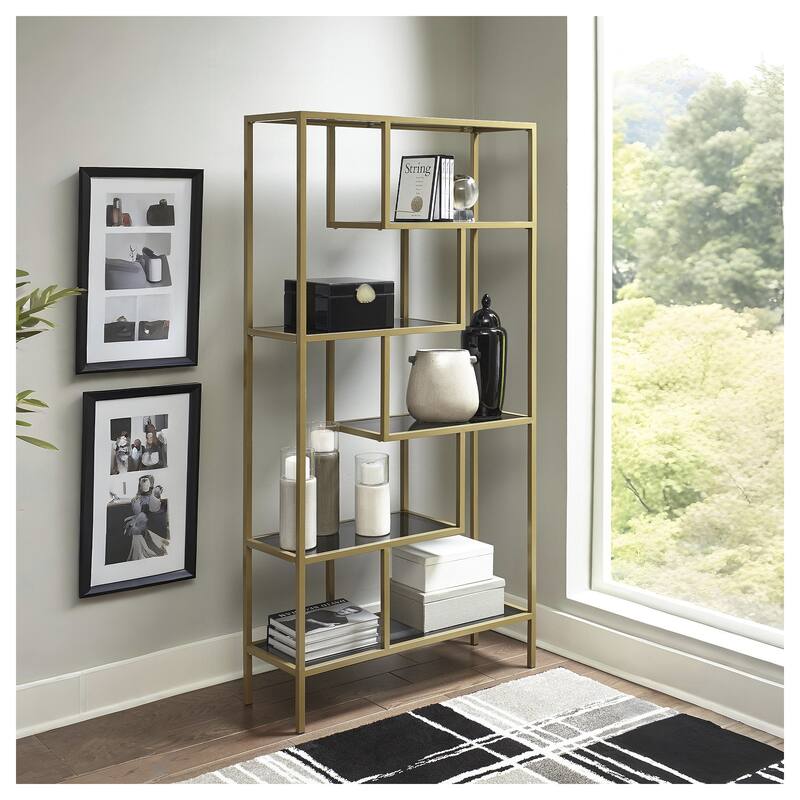 Frankwell Gold Finished Glass/Metal Tiered Open Shelf Bookcase - 36" W x 12" D x 70" H - 36" W x 12" D x 70" H - Gold