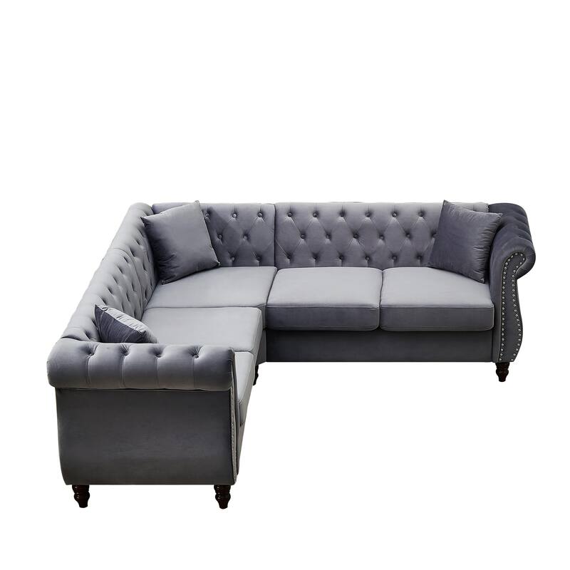 83.5" Velvet L-Shaped Sectional Sofa, 5-Seater Corner Couch with 3 Pillows