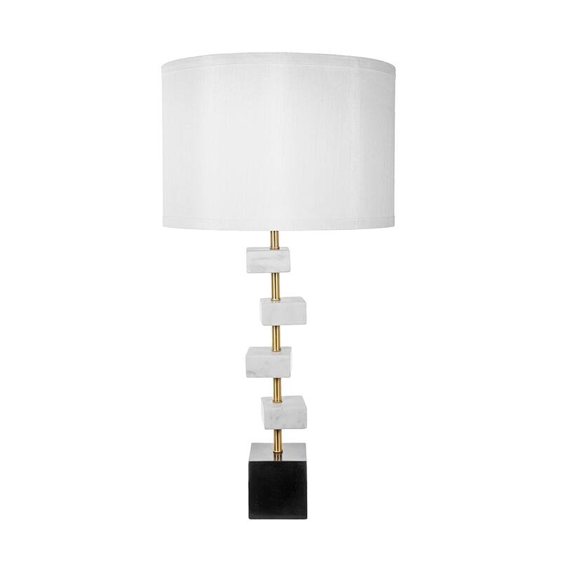 Marble Table Lamp with Brass Frame and White Fabric Shade Modern Vintage Style