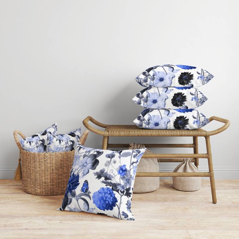 Mixed Flower Delight Faux Suede Reversible Throw Pillow White and Blue