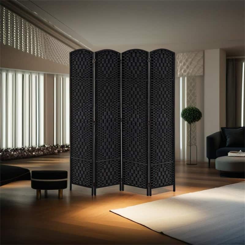 6' Tall Wicker Weave 4 Panel Room Divider Privacy Screen - Black