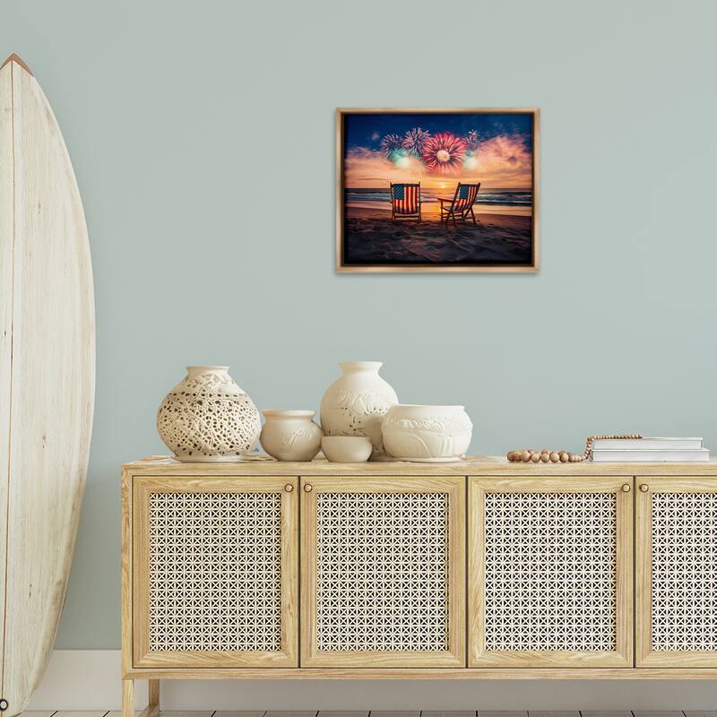 Stupell Summer Fireworks at Beach Framed Floater Canvas Wall Art Design By Arlington Prints