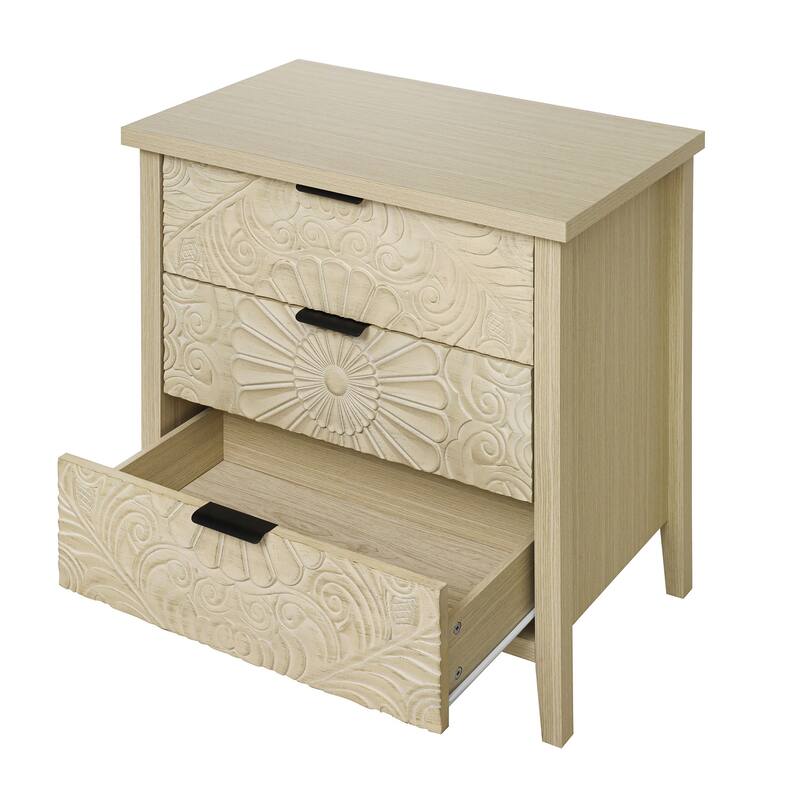 Roomfitters 3 Drawer Dresser Storage Cabinet, Carved Wood Chest of Drawers, Natural