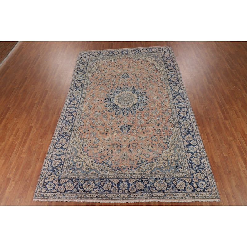 Traditional Orange Kashan Persian Vintage Rug Hand-Knotted Wool Carpet - 8'3"x 13'0"
