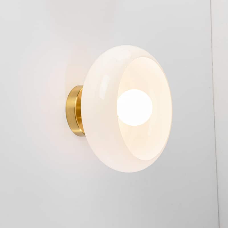 10.4" 1-Light Modern Bowl-Shaped with Brown/Milk White Glass Shade Wall Sconce for Hallways, Bedroom - White