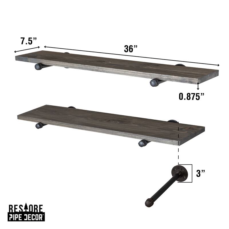 PIPE DECOR 36" Solid Wood Wall Shelves with Rustic Black Industrial Steel Pipe Brackets, Set of 2
