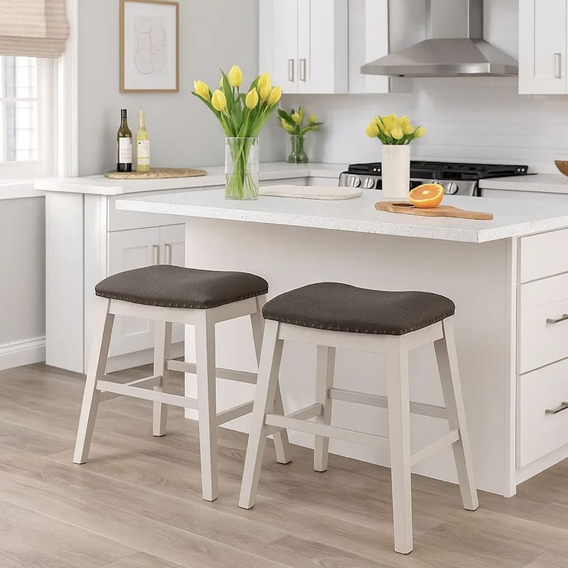 Rune 25 Inch Counter Height Wood Stool, Set of 2, Off White, Gray Seating