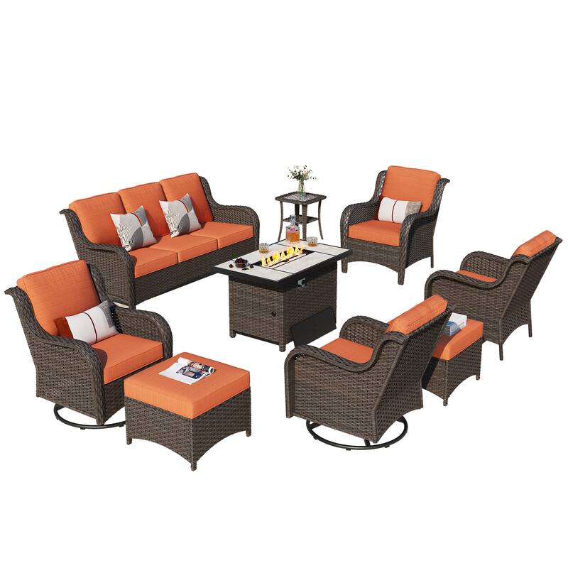 OVIOS 9-piece Patio Wicker Swivel Rocking Chair Set With Fire Pit
