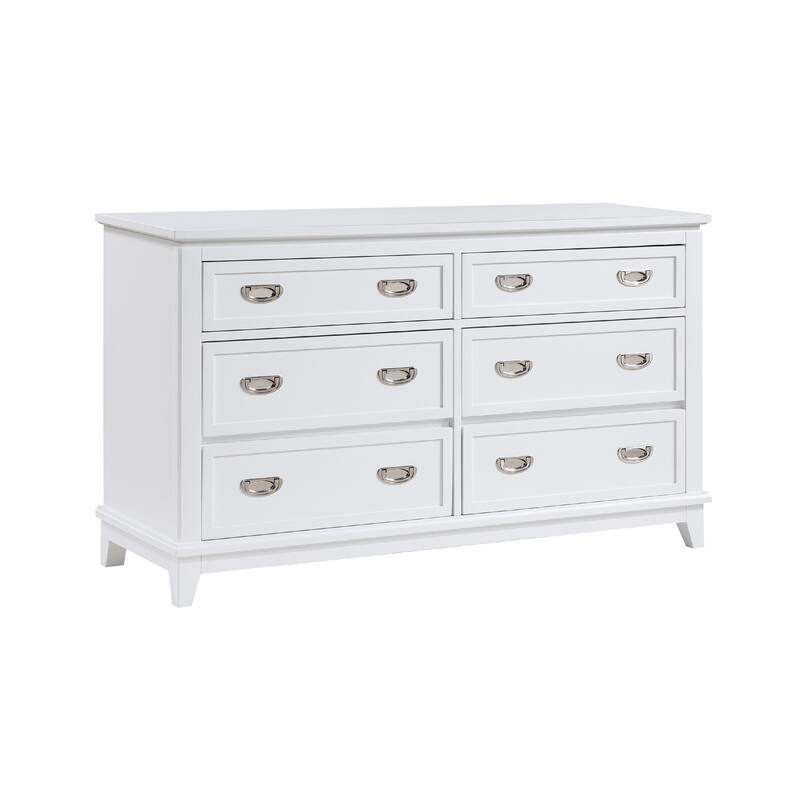 Sely Dresser, 55 Inch, 6 Drawers, White Wood, Nickel Ring Handles
