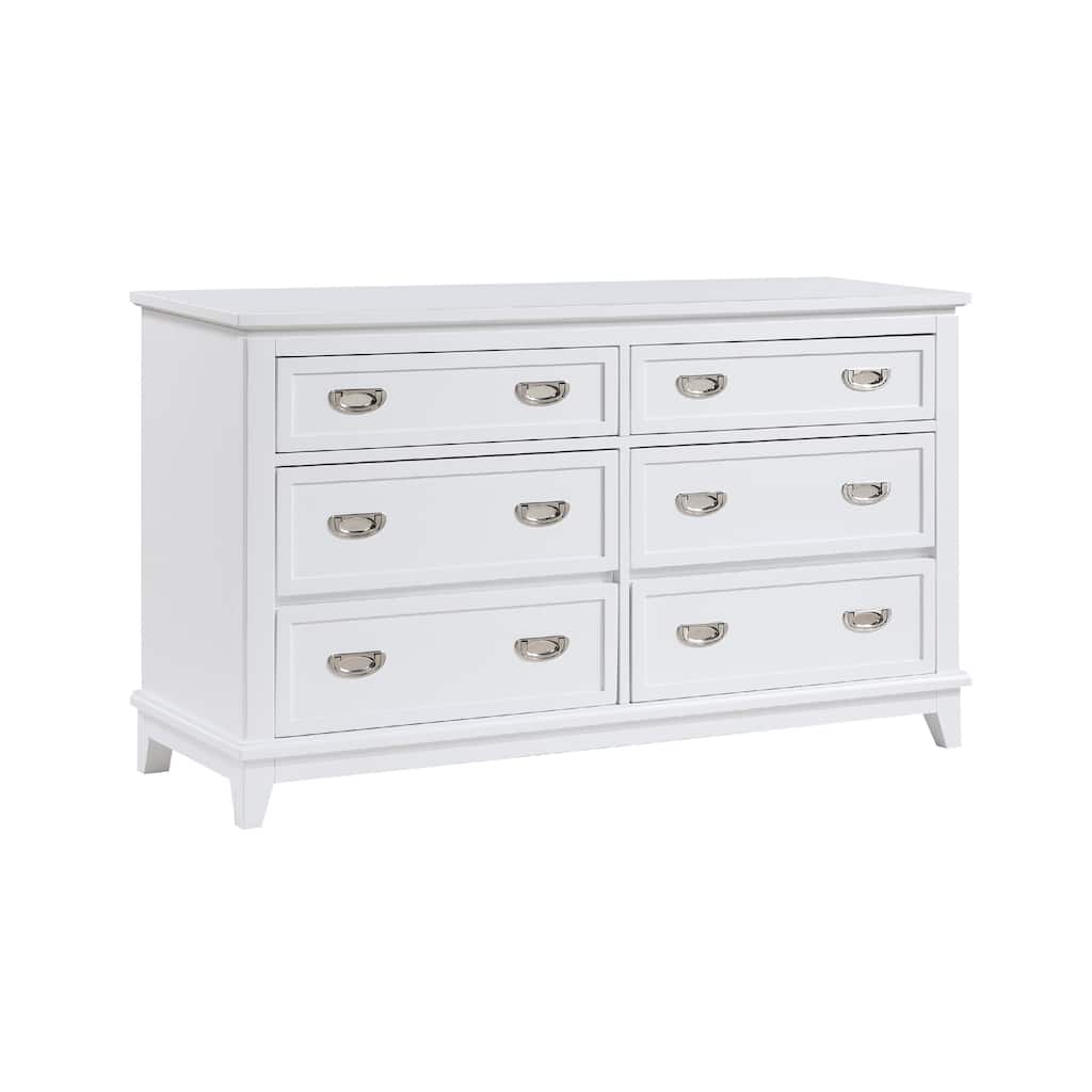 Sely Dresser, 55 Inch, 6 Drawers, White Wood, Nickel Ring Handles