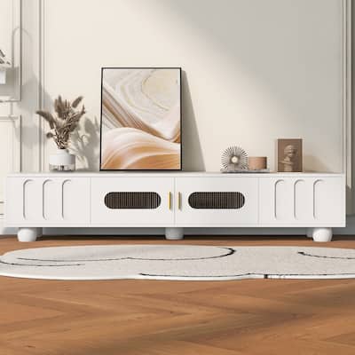 Contemporary 80" TV Stand with Glass Door, 2 Drawers & Cabinets, Solid Wood Legs, Metal Handles, TV Storage Console