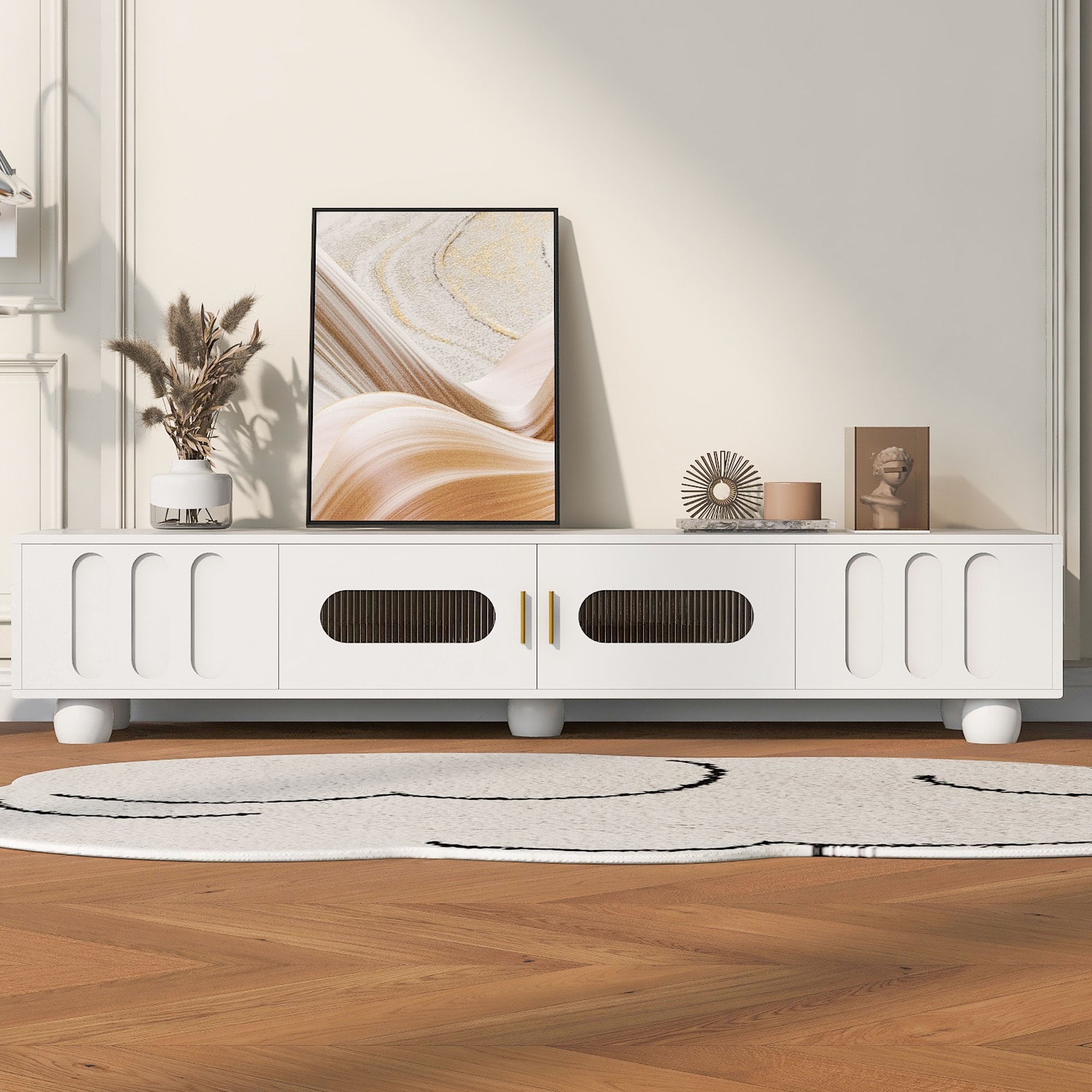 Modern TV Stand for TVs Up To 80'', Entertainment Center with Glass Door, TV Storage Cabinet w/ Solid Wood Legs & Metal Handles