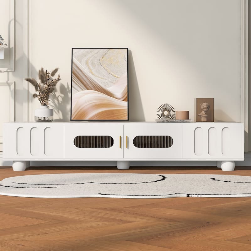 Roomfitters Modern TV Stand for up to 80 Inch TV, Entertainment Console with Glass Door, Drawers and Cabinets, White - White