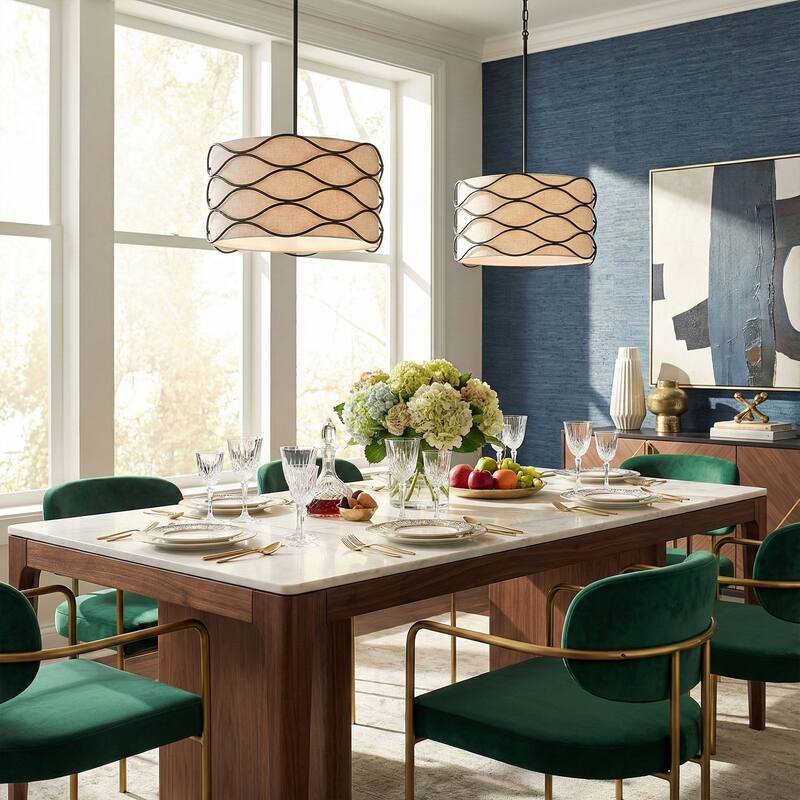 Acroma 4-light Modern Wave Frame Drum Chandelier with Fabric Shade