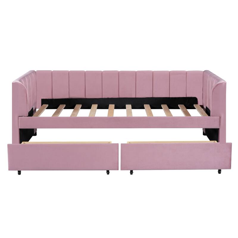 Twin Size Upholstered Daybed with Ergonomic Design Backrest and 2 Drawer