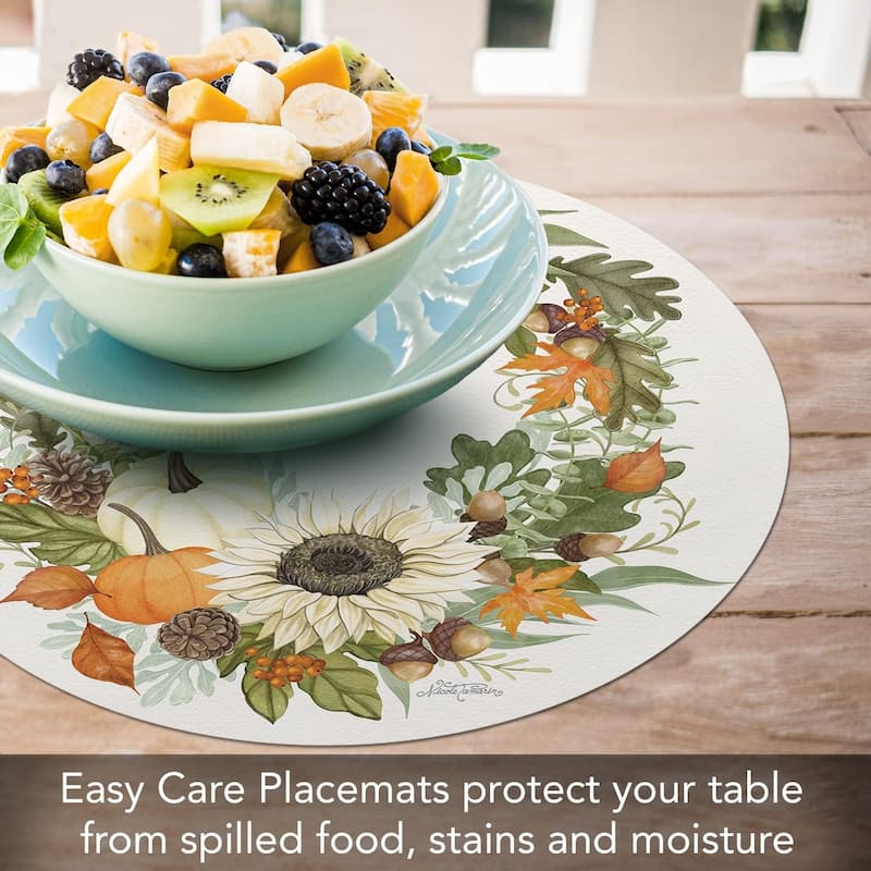 Farmhouse Fall Round Reversible Easy Care Flexible Plastic Placemat 4 Pack Made in The USA