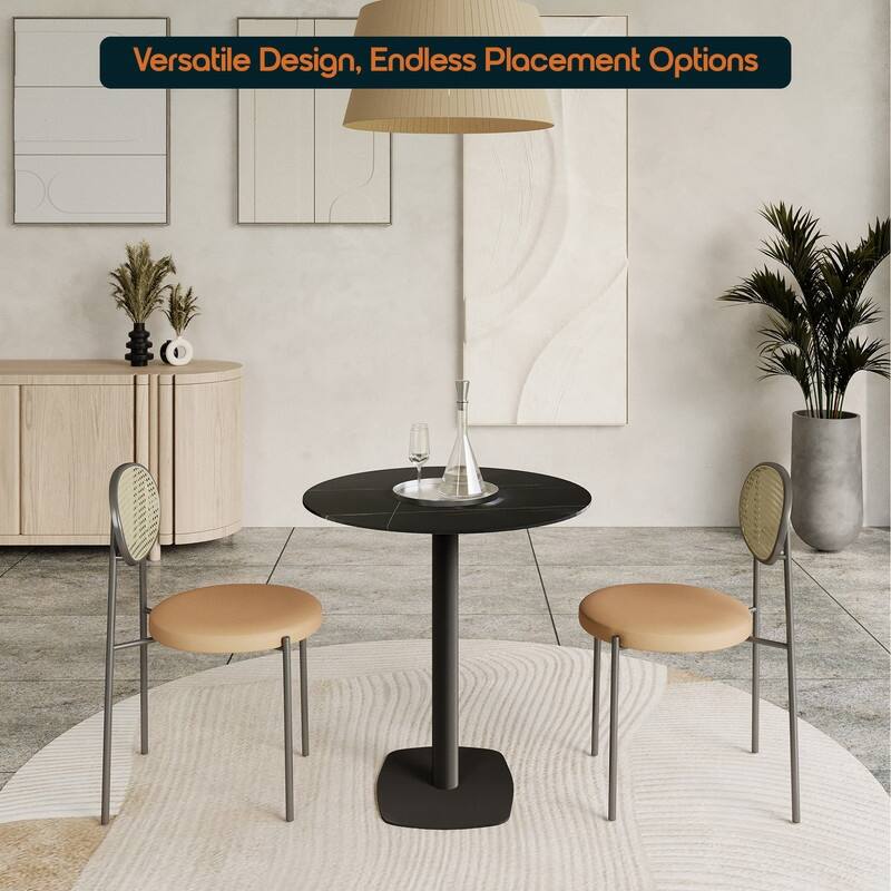 Vail Round Dining Table 27 in. Sintered Stone Tabletop in Black Stainless Steel Square Pedestal Base for Kitchen and Dining Room