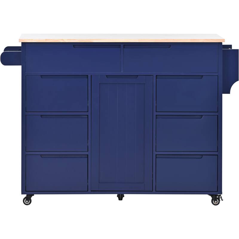 53.15'' Rubber Wood Kitchen Cart with Adjustable Shelf, Rolling Wheels and 8 Handle-Free Drawers - 53.15'' x 18.5'' x 37''