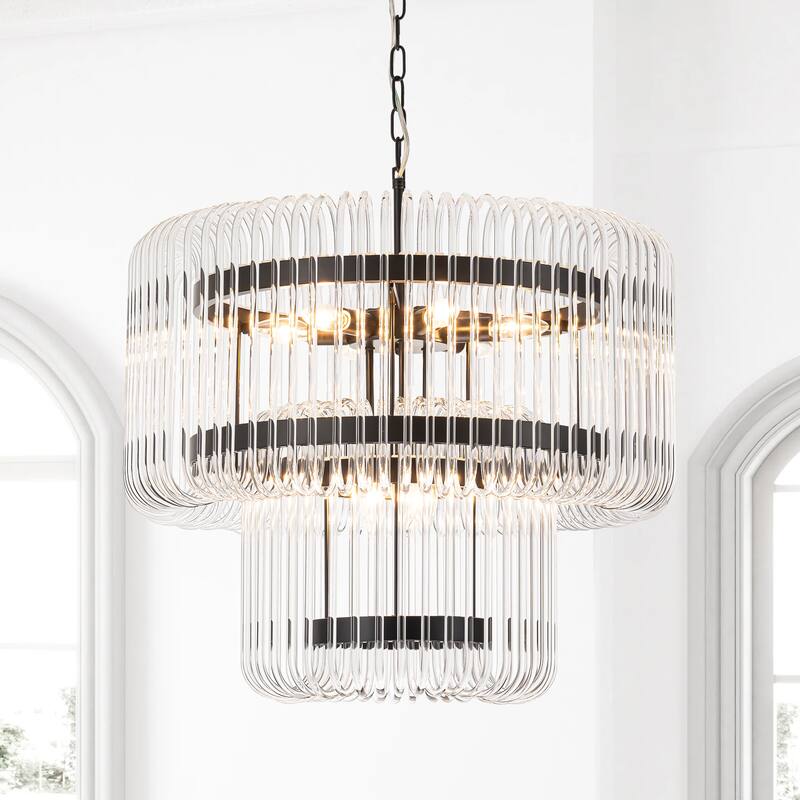 9-Light Modern Glam Drum Crystal Chandelier for Dining Room/Living Room 2-Tiered Round Chandelier Kitchen Island Pendant Light