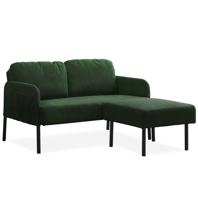 L-Shaped 2 Seater Sofa with Ottoman, Modern Polyester Fabric Loveseat Sofa, Comfy Small Couches for Small Space - Green
