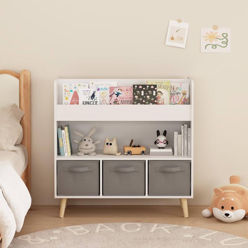 Anmytek Toddler Bookshelf with 3 Fabric Bins Storage Bookcase for Nursery Playroom Bedroom
