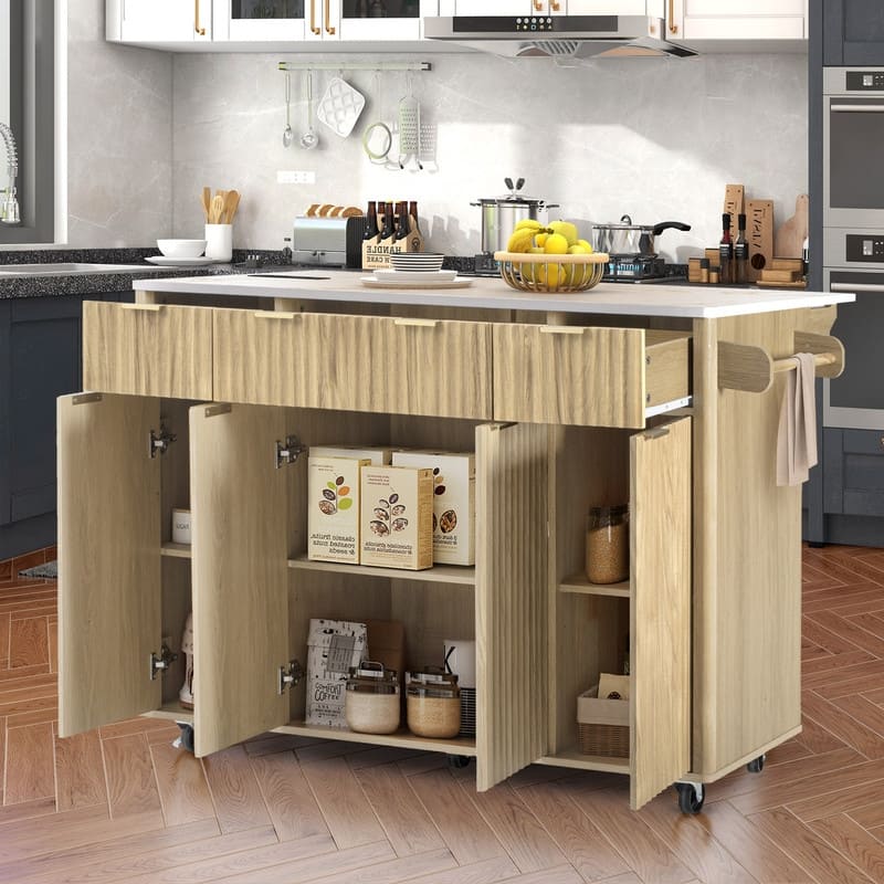 Fluted 55.5" Kitchen Island with Drop Leaf, Rolling Island Table with Drawers, Power Outlet for Functional Kitchen Organization