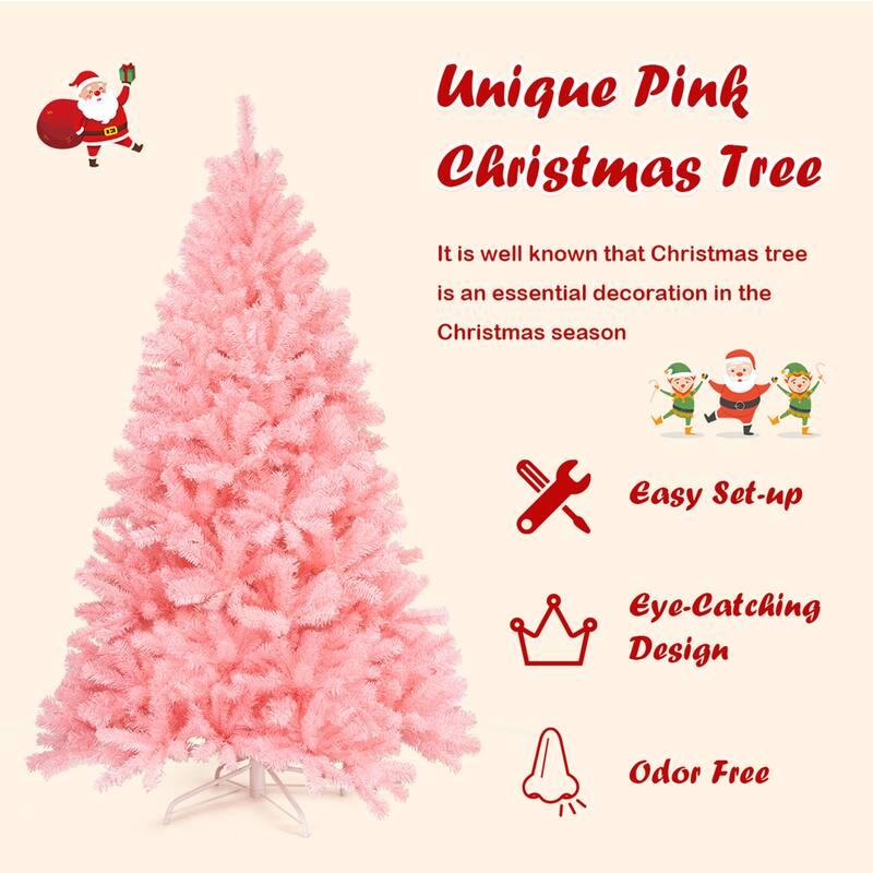 Gymax 6ft Pink Artificial Christmas Tree Hinged Spruce Full Tree w/ - See Details