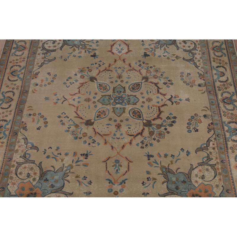 Tabriz Persian Vintage Area Rug Hand-Knotted Beige Wool Carpet - 9'6"x 12'5"