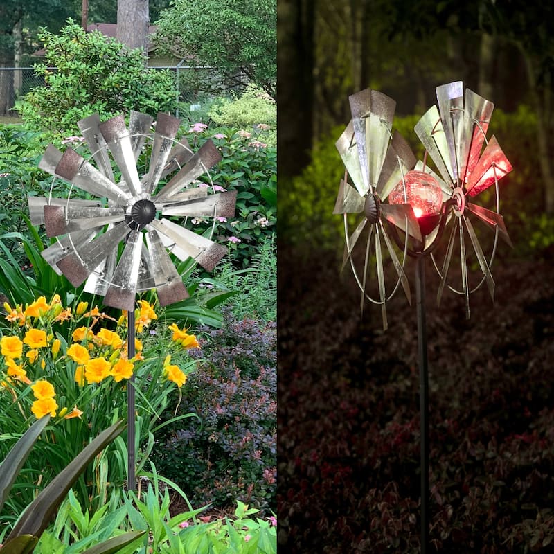 Adeco Solar Metal Wind Spinner Garden Stake with LED Lights