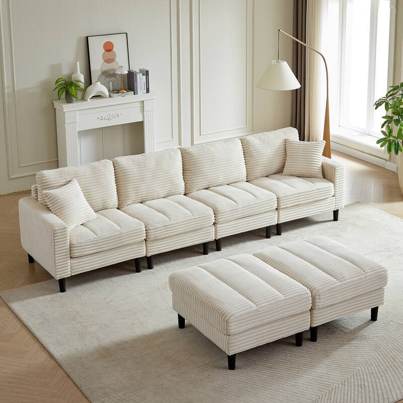 122.5" Corduroy U-Shaped Sectional Sofa with Ottomans & Pillows