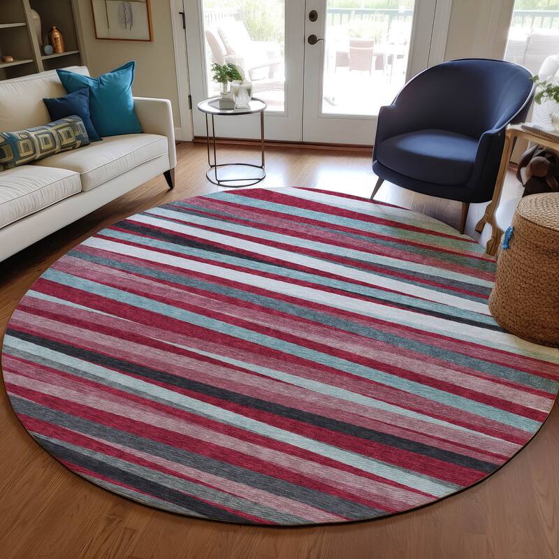 Machine Washable Indoor/ Outdoor Modern Stripes Chantille Rug - Burgundy - 8' x 8'
