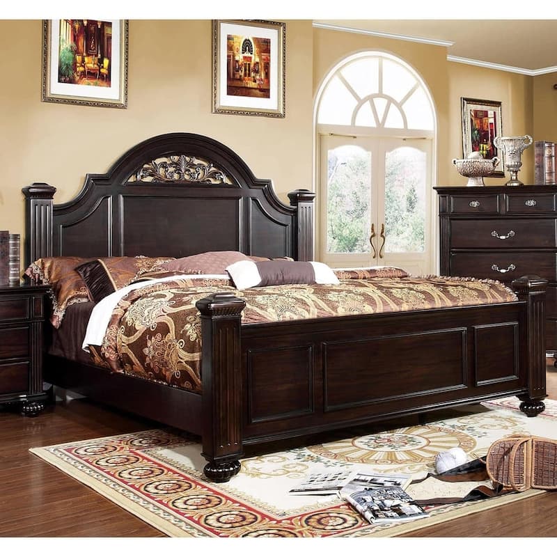 Royal Dark Walnut Finish 1pc Floral Design Headboard Bed