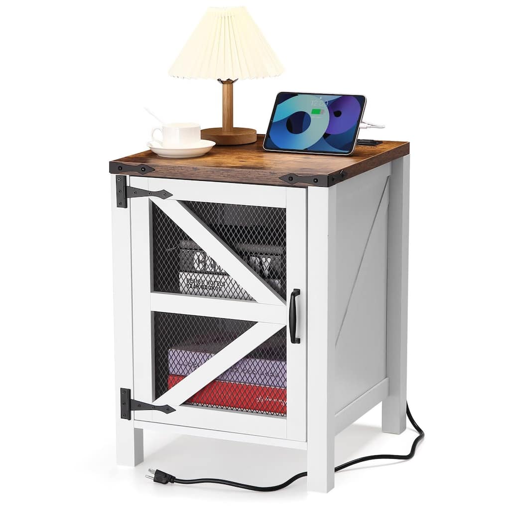 Rustic Nightstand with Charging Station and Storage, Barn Door End Table