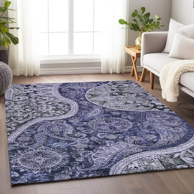 Machine Washable Indoor/ Outdoor Modern Paisley Chantille Rug