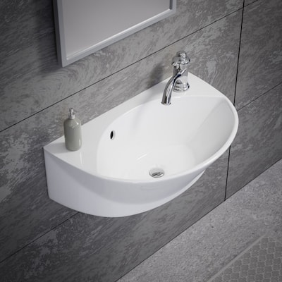 Juniper Wall Mount Sink 17" White Ceramic Oval Sink with Overflow and Single Faucet Hole, (Set of 2) Renovators Supply