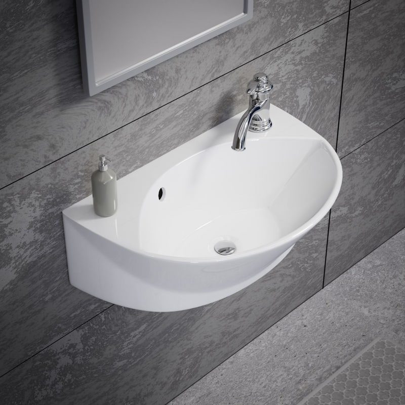 Juniper White Ceramic Wall Mounted Vessel Sink with Overflow and Faucet Hole