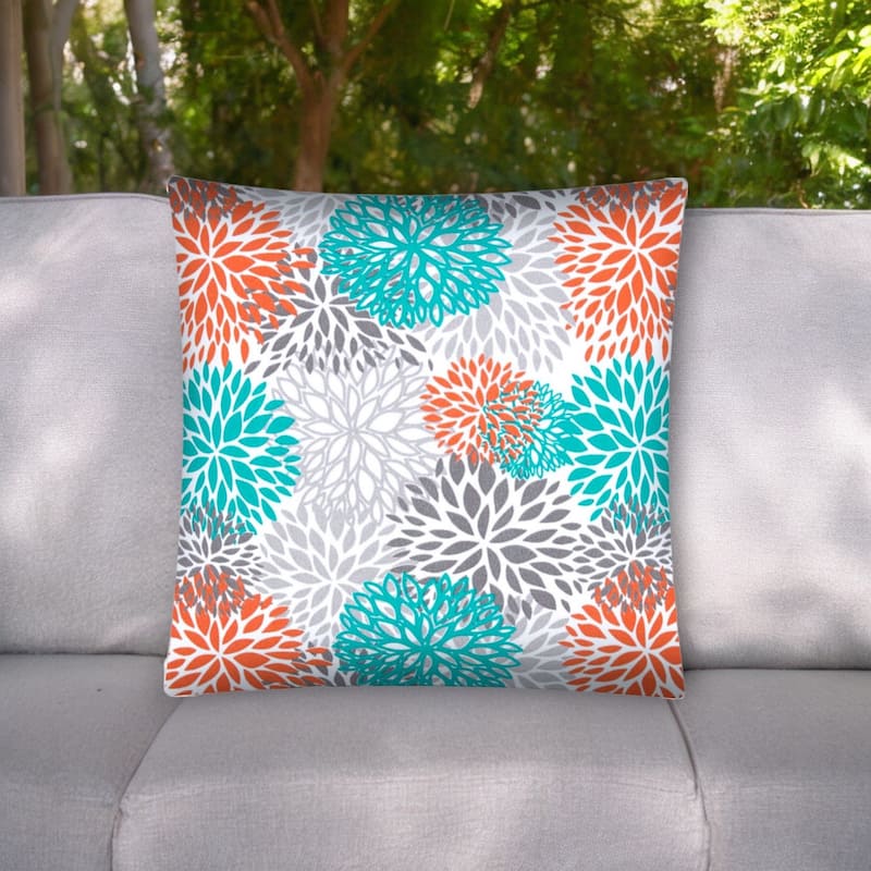 17" White Gray and Teal Floral Indoor Outdoor Throw Pillow Cover - White Gray and Teal