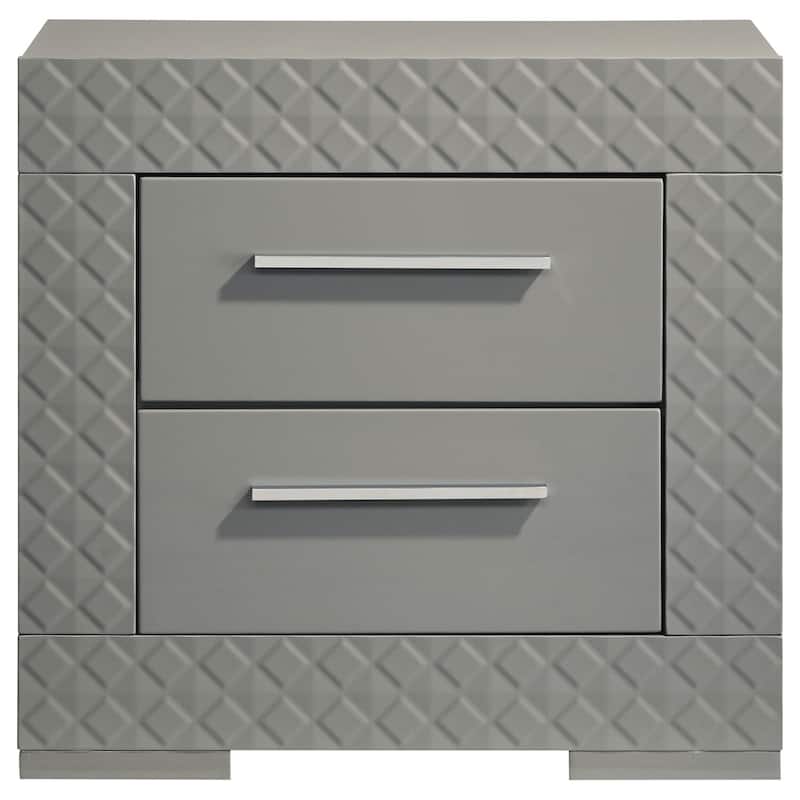 Grey High Gloss 2-Drawer Nightstand with Felt Lined Top Drawer, Modern Italian Minimalist Bedside Storage